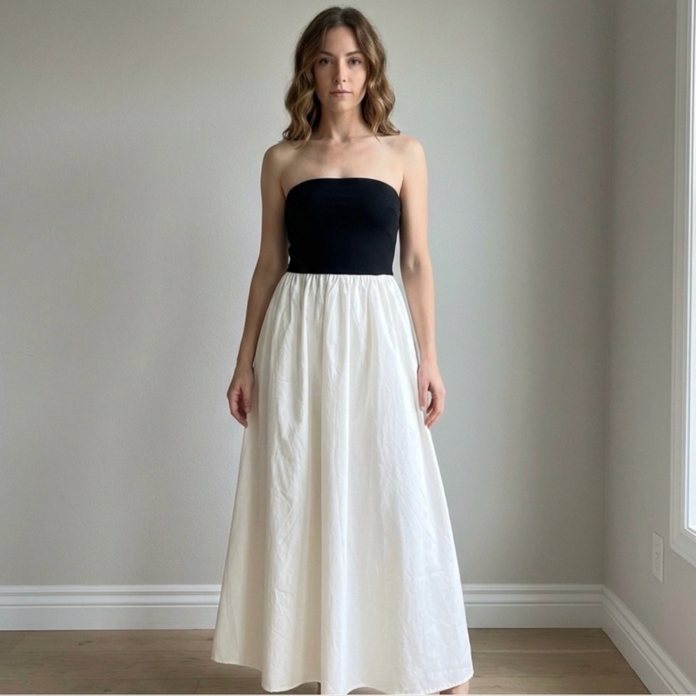 Blu Pepper Knit Mixed Media Strapless Woven Maxi Dress